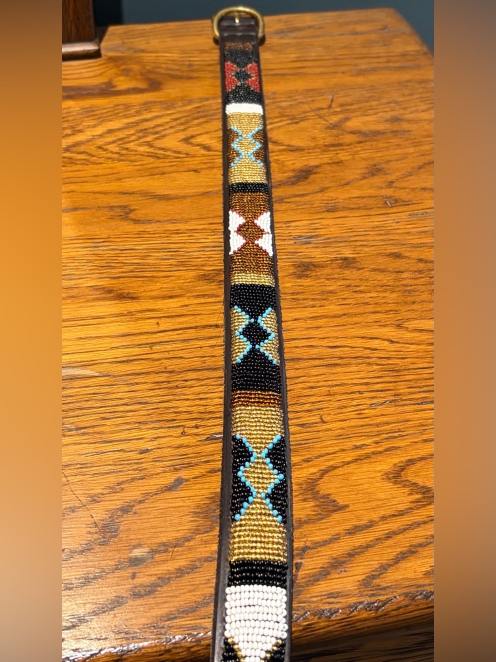 Hand-Beaded Leather Dog Collar with Geometric Pattern -  21” large breed fit